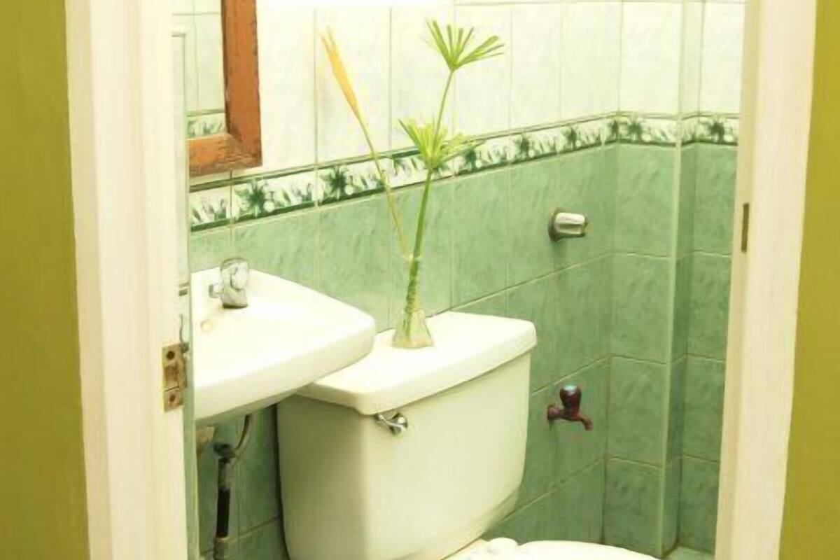 A small bathroom with a toilet, sink, and a mirror on the wall.