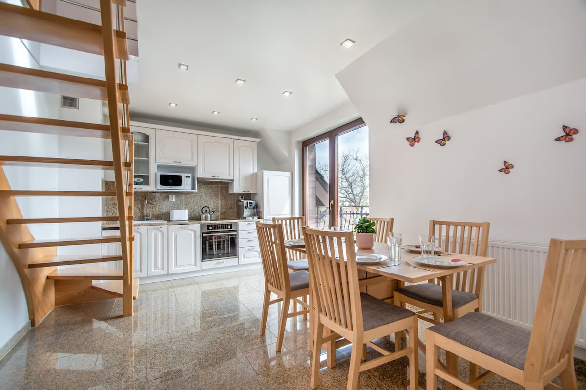 Family Apartment, 2 Bedrooms, Refrigerator, Mezzanine | Private kitchen | Full-size fridge, microwave, oven, stovetop