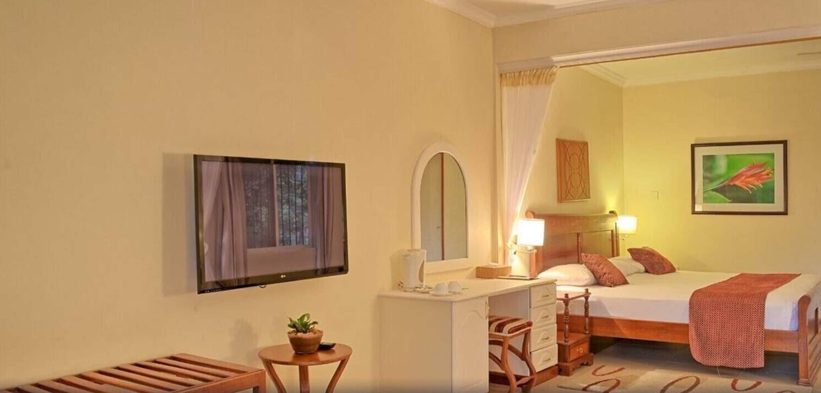 A hotel room with a bed, bedside table, lamp, mirror, and a television.