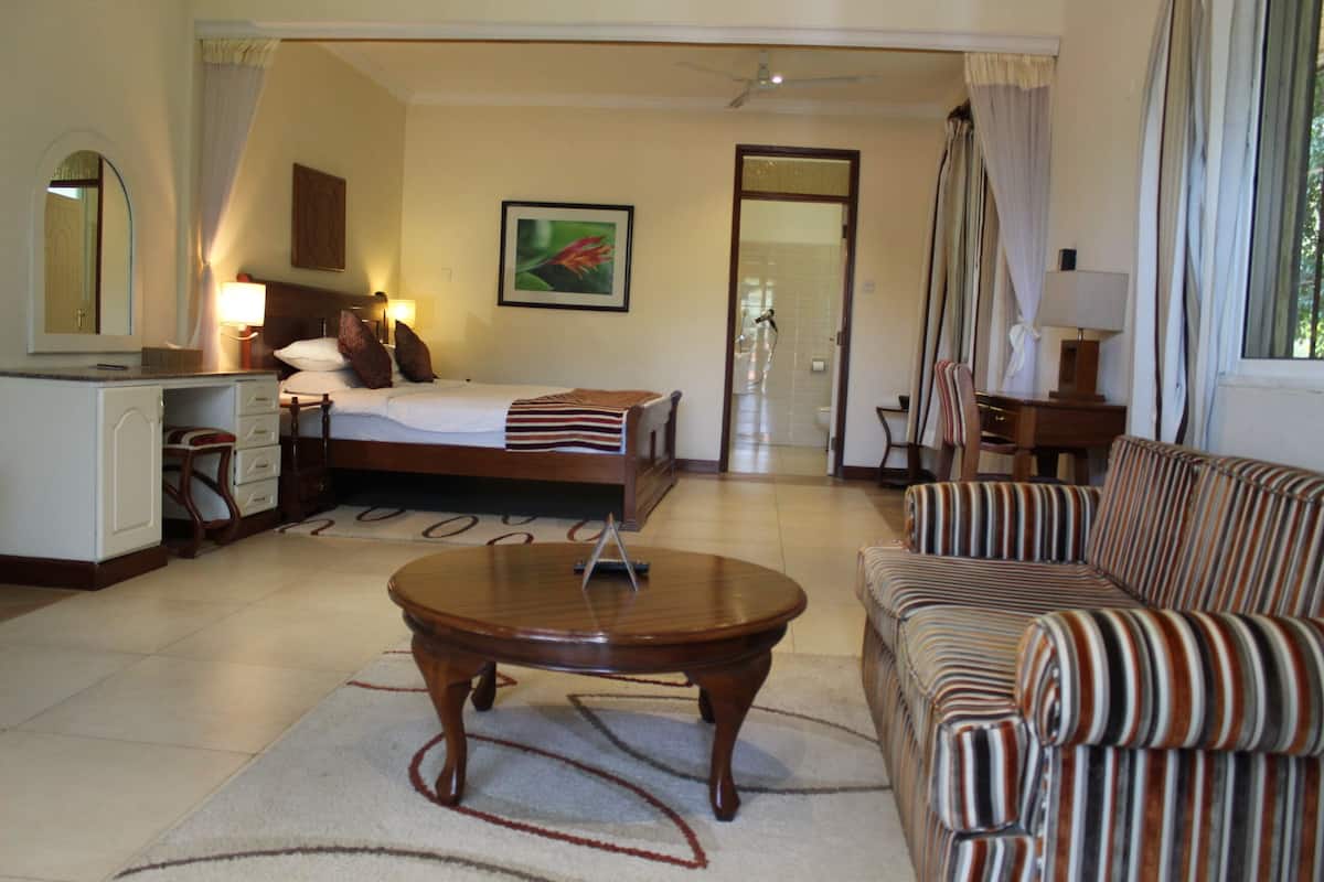 A hotel room with a bed, a sofa, a desk, a mirror, and a shower area.