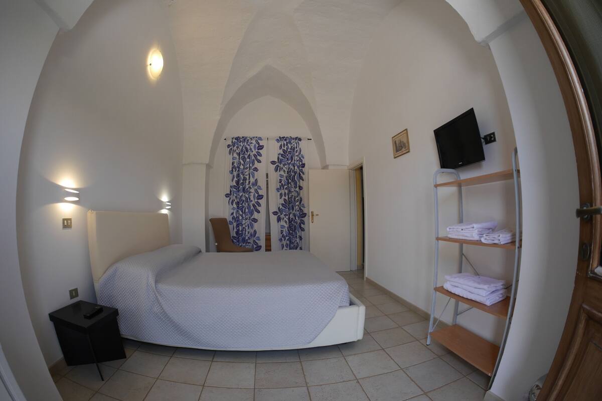Una camera da letto con un letto a forma di ferro di cavallo, una TV fissata al muro, uno scaffale con asciugamani piegati e una porta che dà su un'altra stanza.