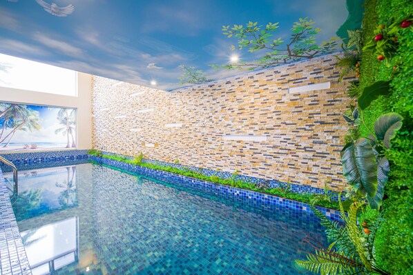 Indoor pool, outdoor pool, pool loungers