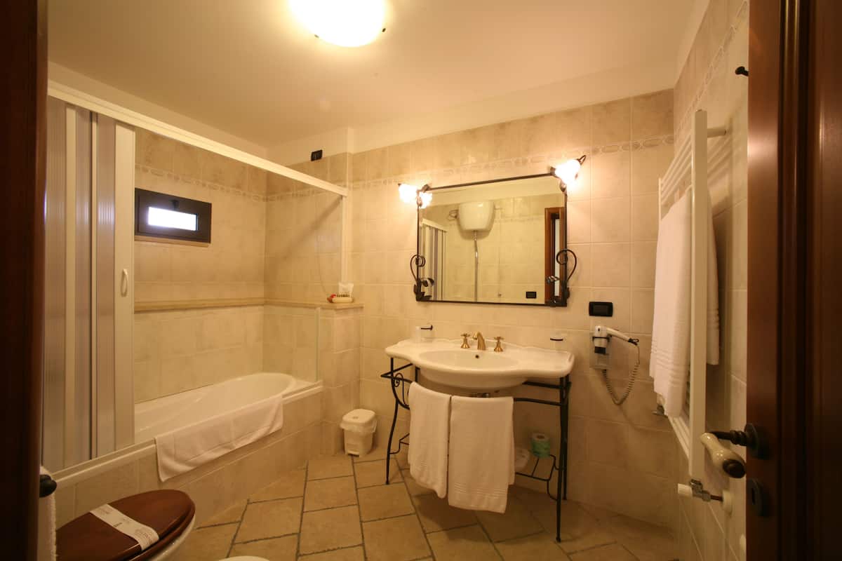 free toiletries, hair dryer, bidet, towels