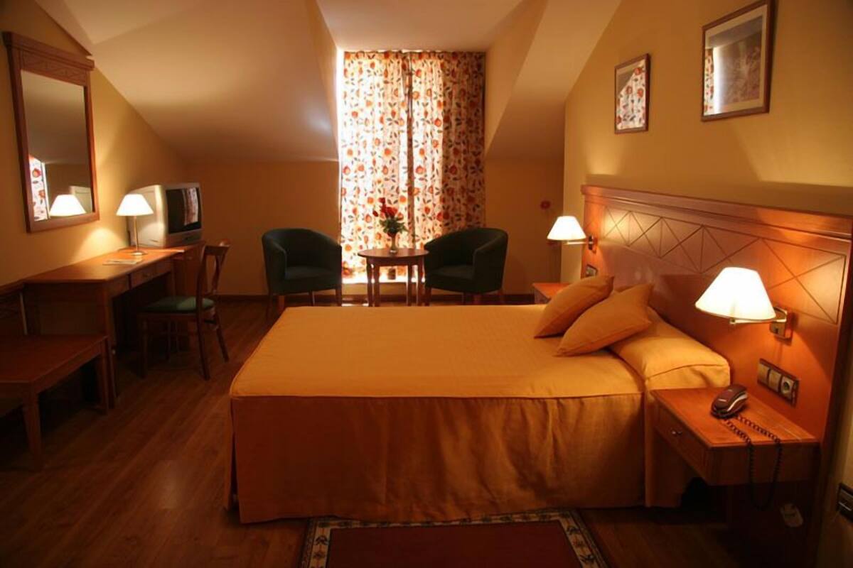 A hotel room with a large bed, a desk with a television, two chairs, a small table with a vase, and a nightstand with a lamp.
