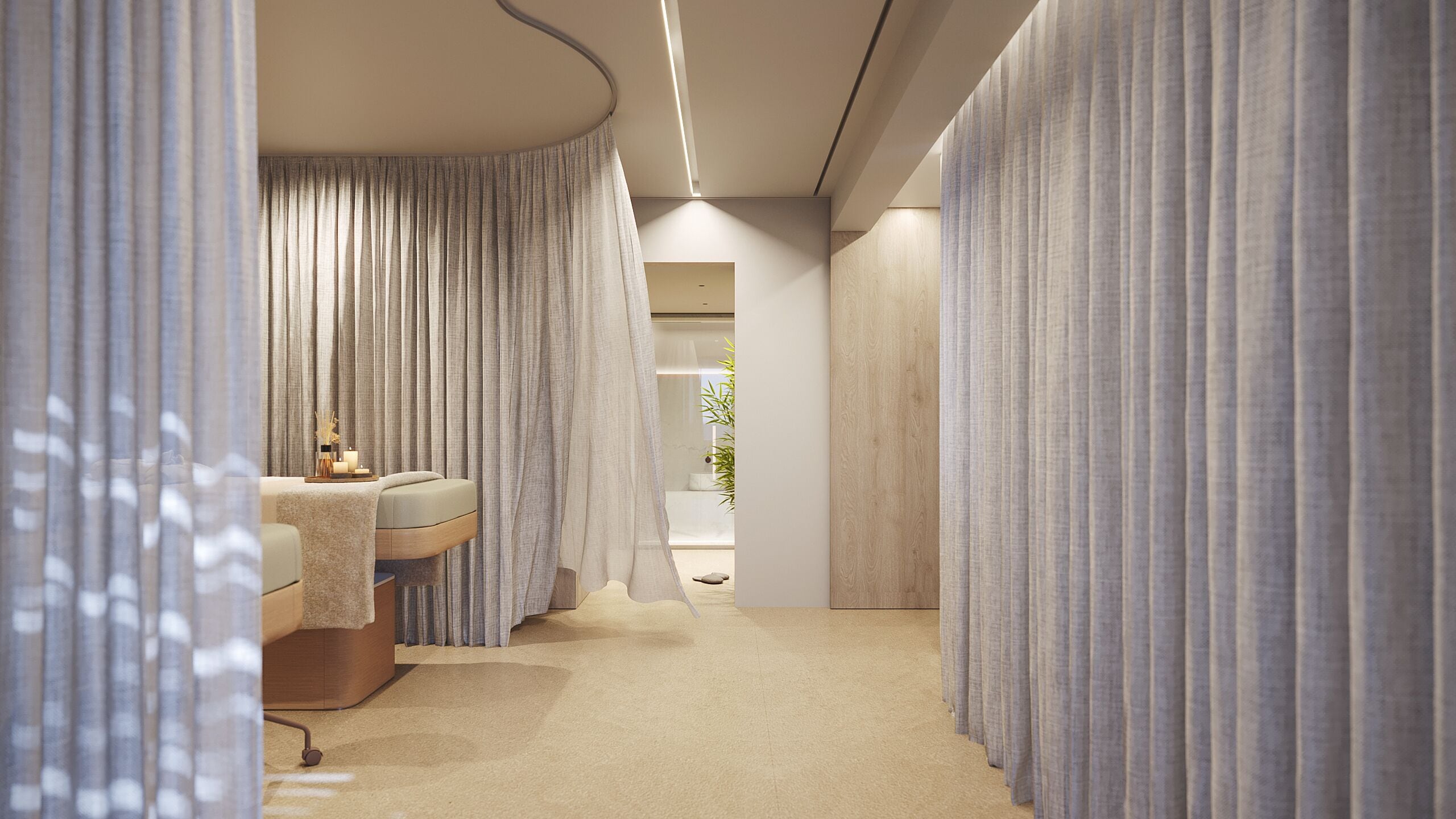 A modern bathroom with a curved shower area, a bathtub, and a vanity with a towel rack.