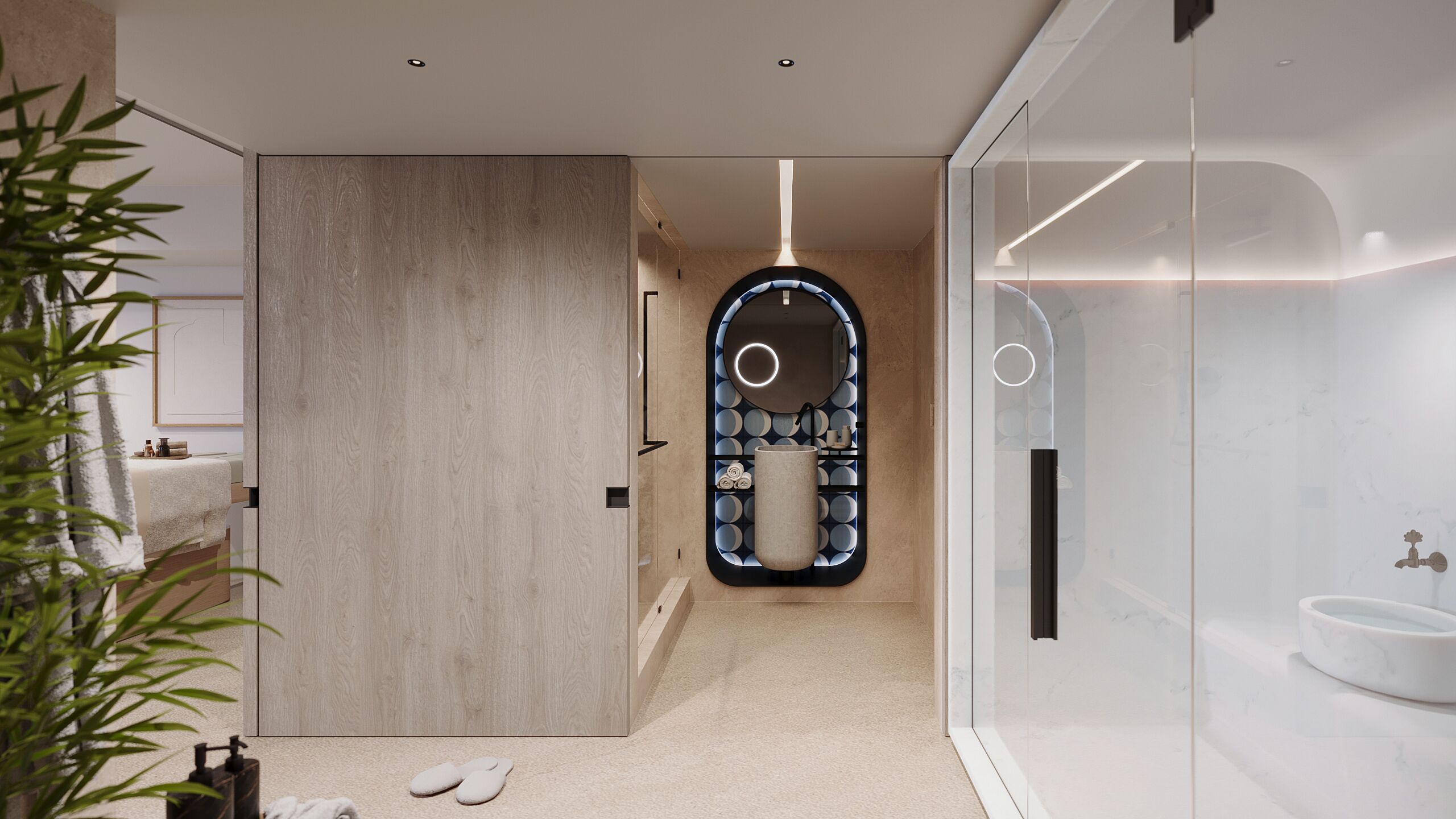 A modern bathroom with a wooden door, a large mirror with circular lights, a marble sink, and a glass shower enclosure.