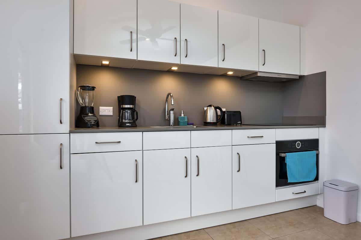 Apartment 1 Prikitchi | Cucina privata | Frigorifero con congelatore, microonde, forno, piano cottura