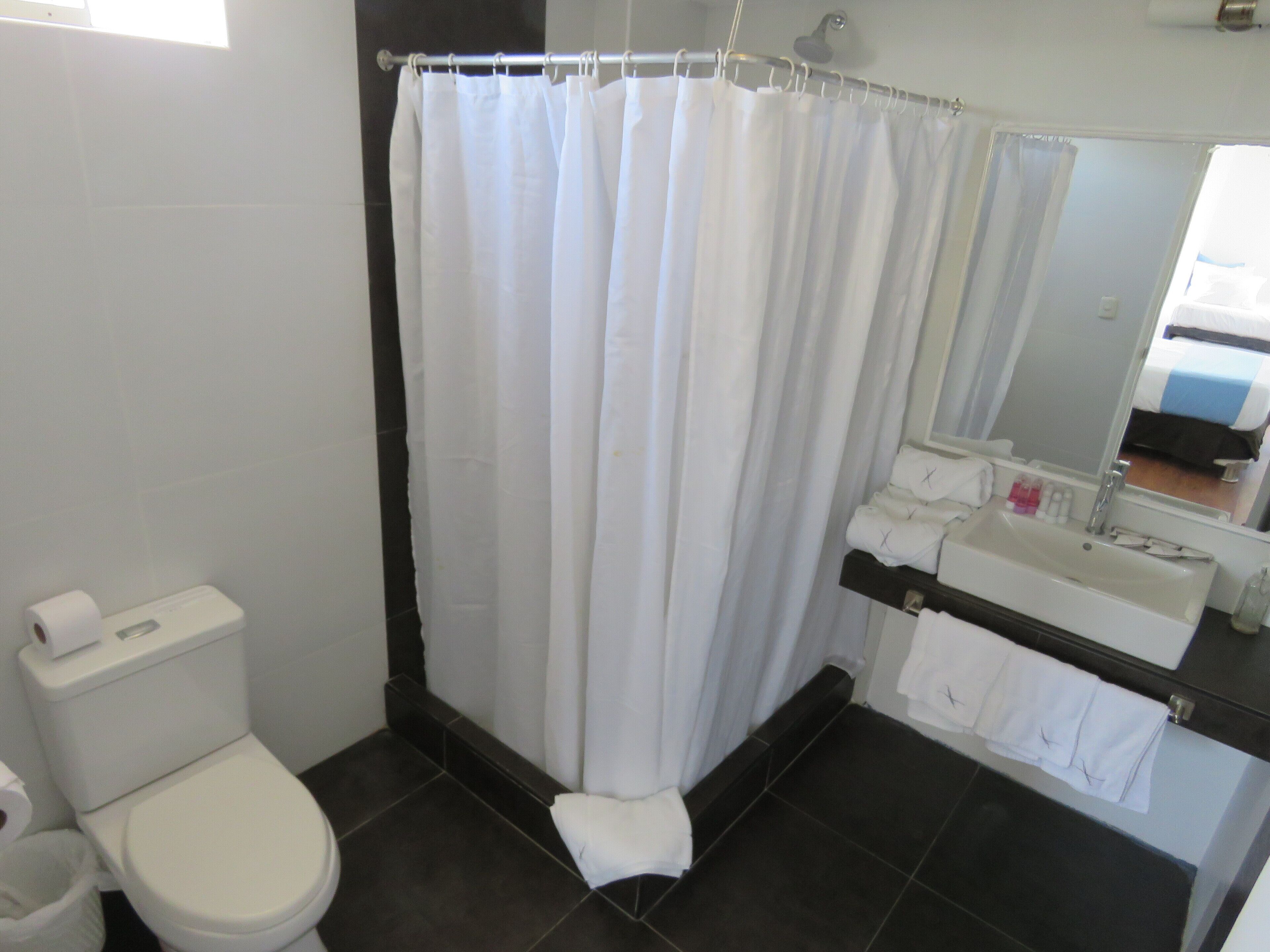 A bathroom with a white toilet, a shower curtain, a sink with a mirror, and a towel rack.