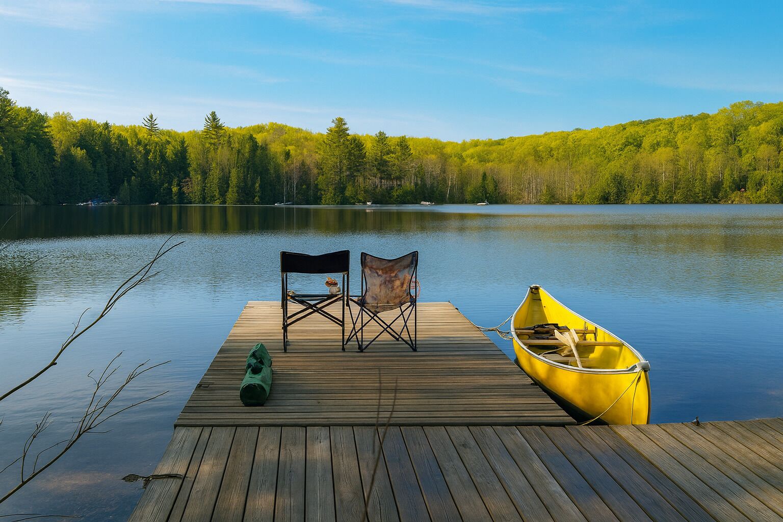 Un muelle de madera con dos sillas y un canoa amarillo en un lago tranquilo rodeado de bosque.
