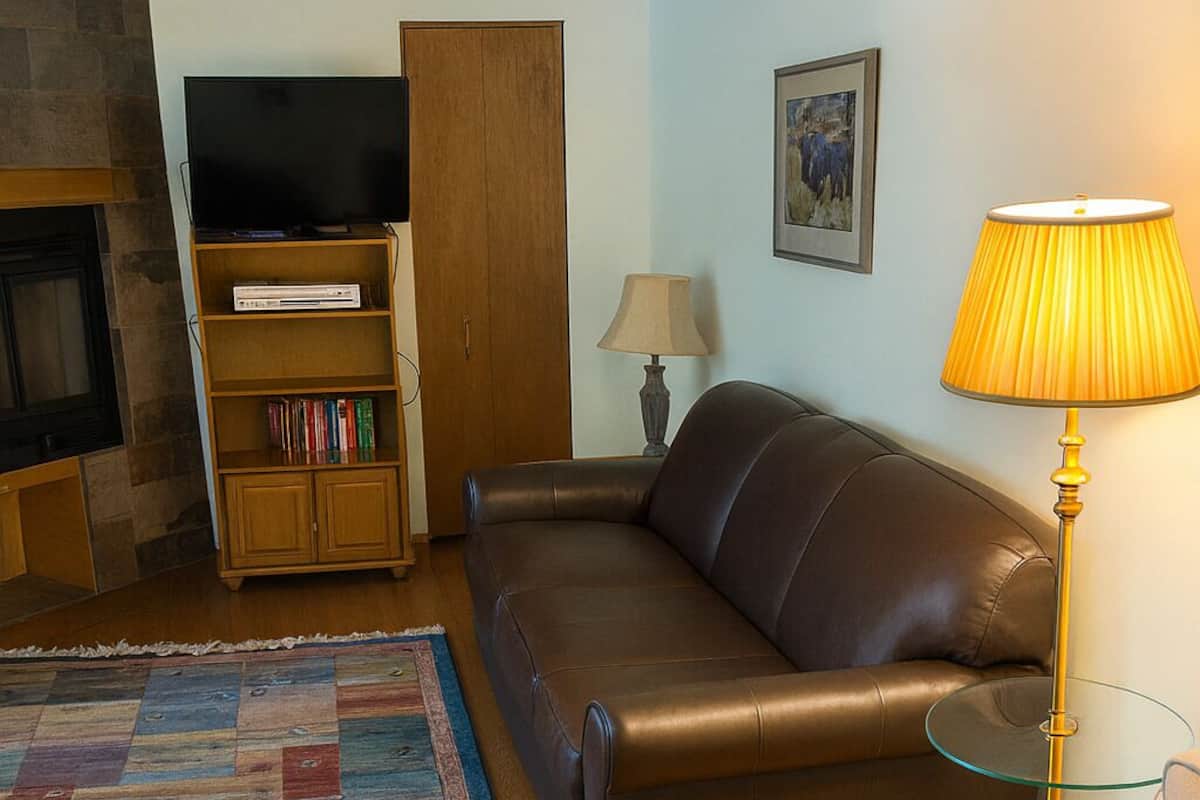 A living room with a leather sofa, a glass coffee table, a beige armchair, a wooden cabinet, a television, and a patterned rug.