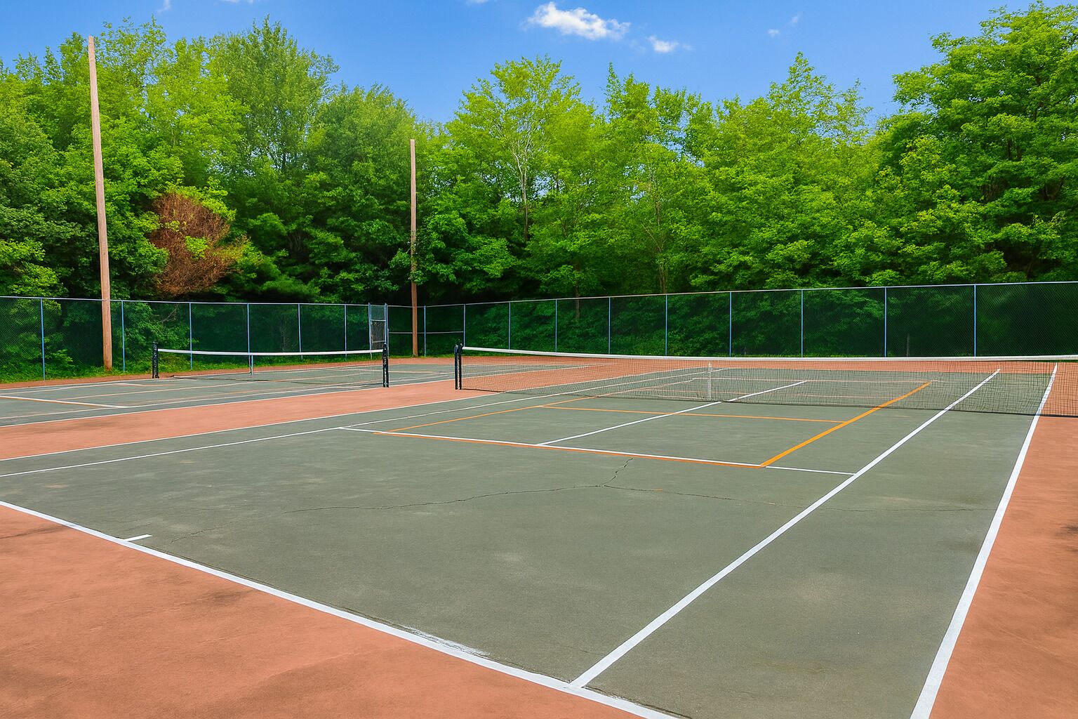 Un court de tennis en plein air, doté d’un filet, entouré d’une clôture et d’arbres.