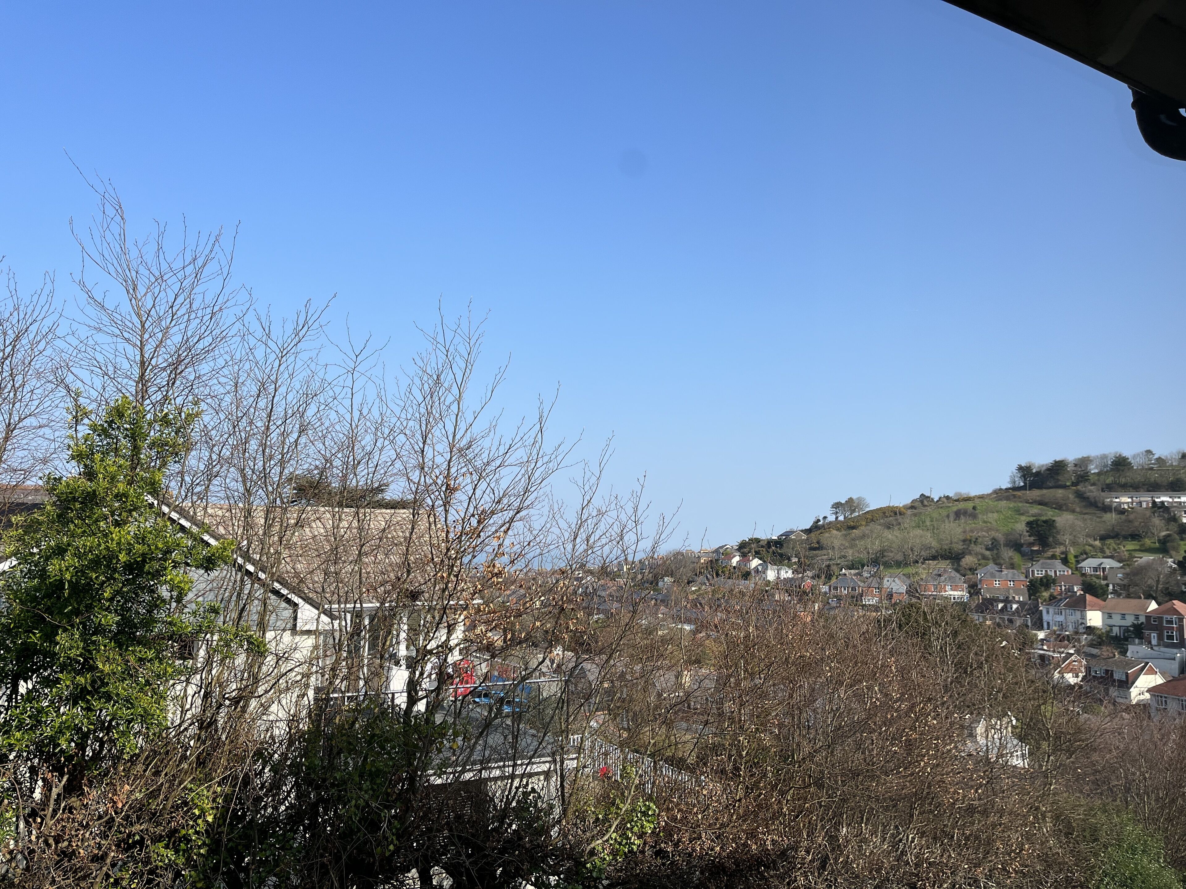 A residential area with houses on a hillside, clear blue sky, and leafless trees.