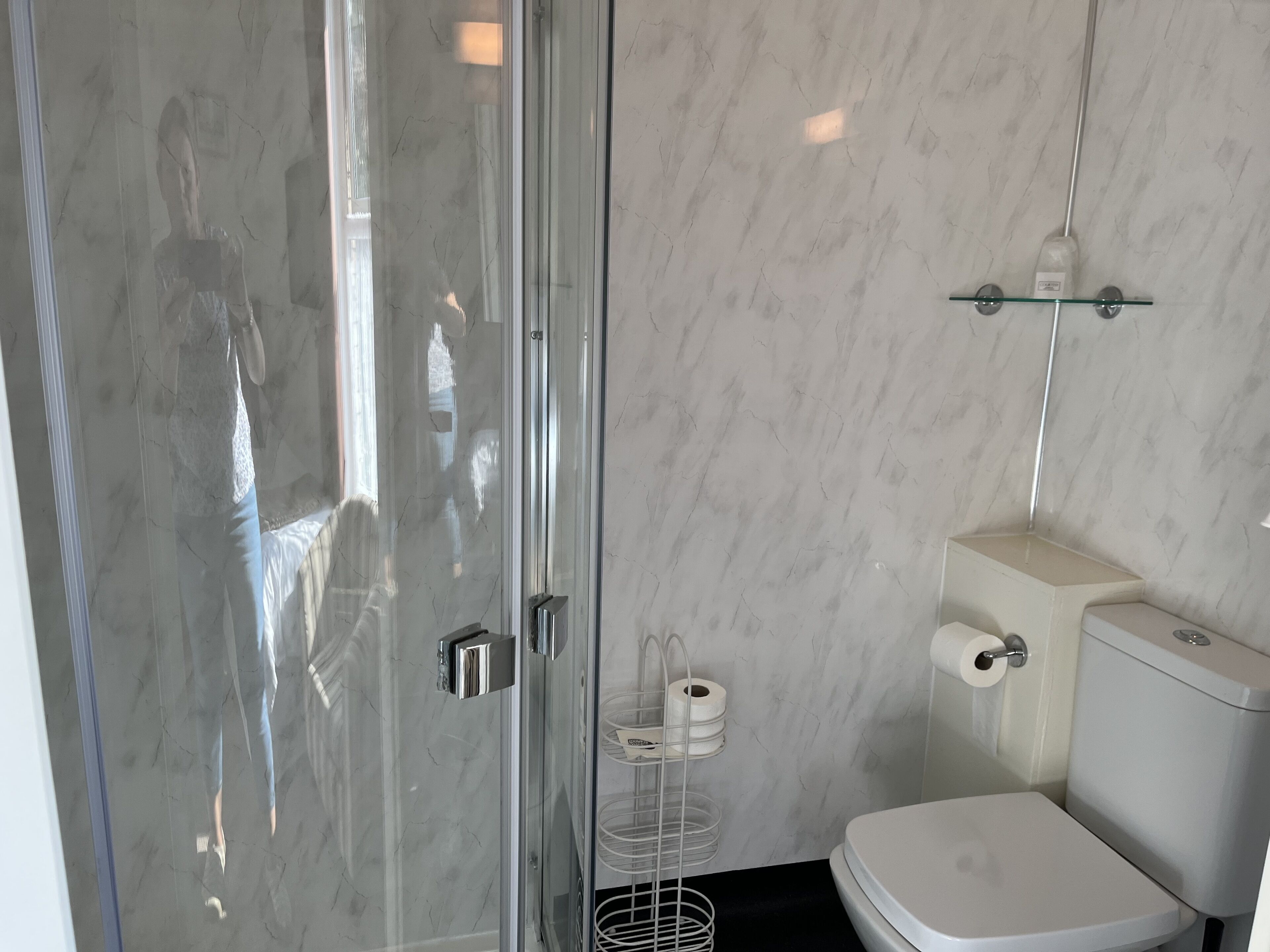 A modern bathroom with a glass shower enclosure, a toilet, and a shelf with toiletries.
