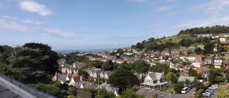 A residential area with houses, trees, and a view of the sea.