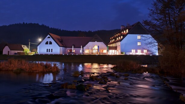 A large, multi-story building with a prominent central tower, situated beside a calm river. - Hotel Vír (Vir)