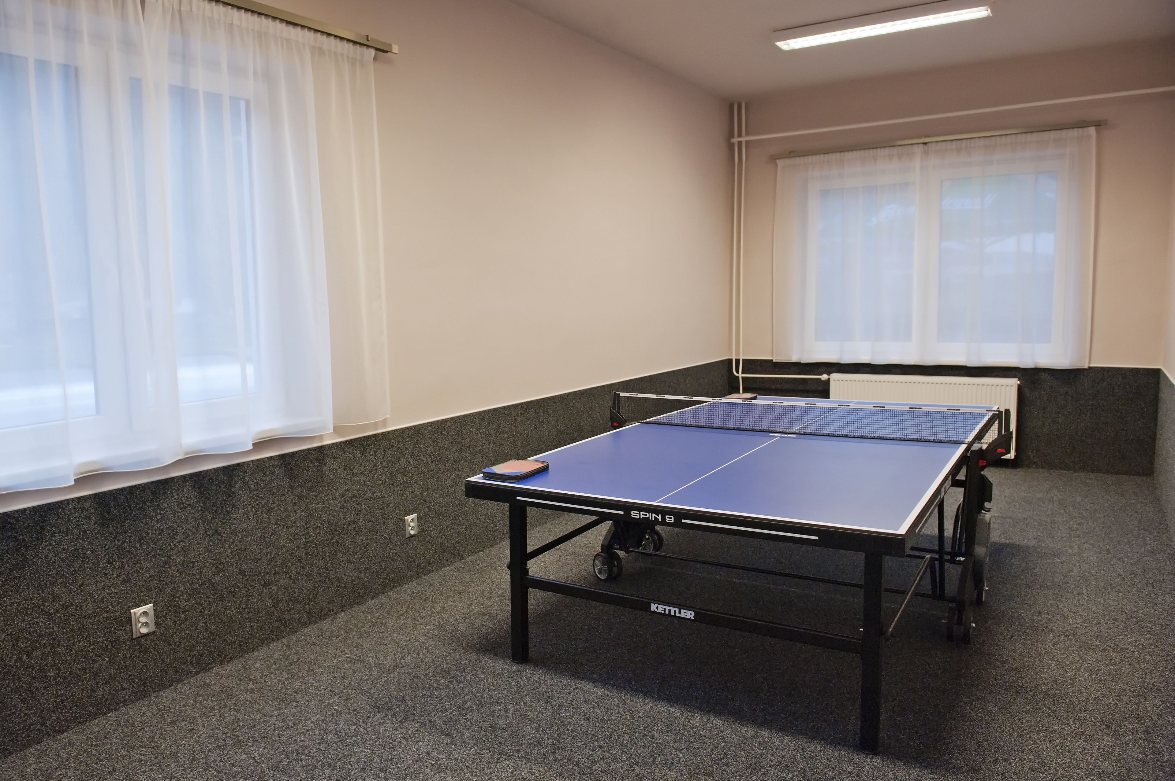 A ping pong table in a room with carpeted floors and a window with sheer curtains.