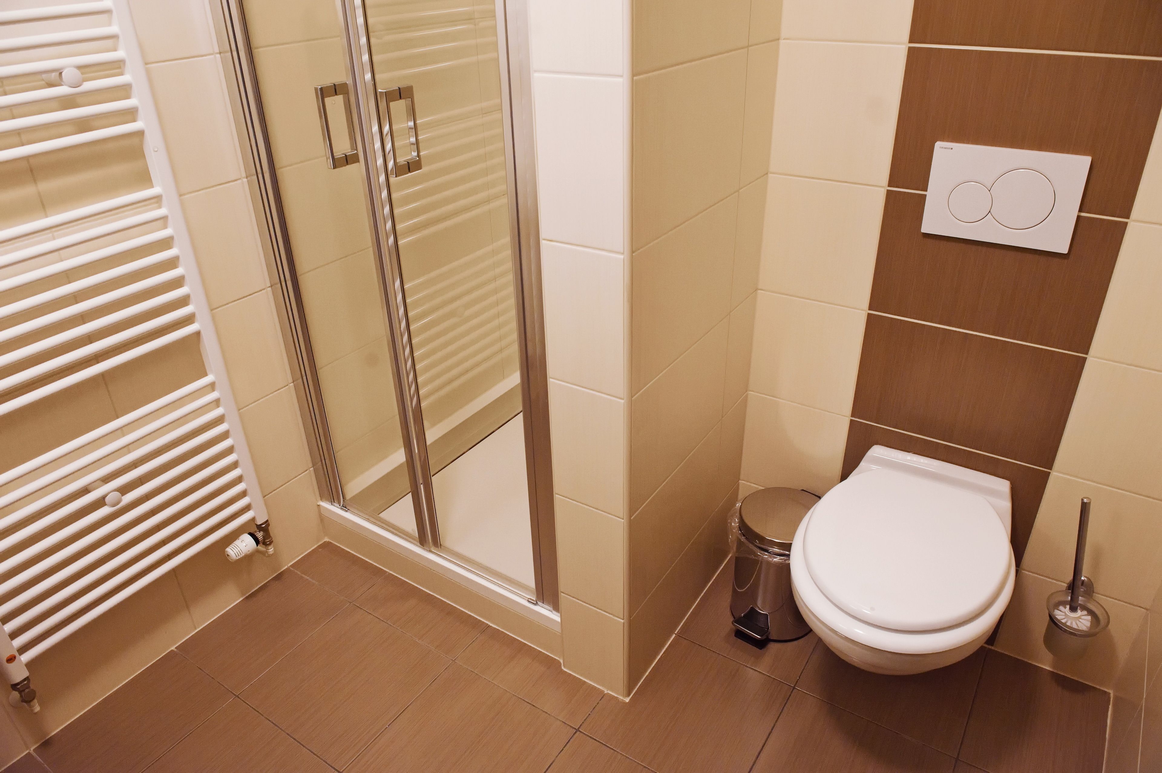 A bathroom with a glass shower enclosure, a toilet, and a radiator.