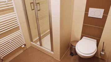 A bathroom with a glass shower enclosure, a toilet, and a radiator.