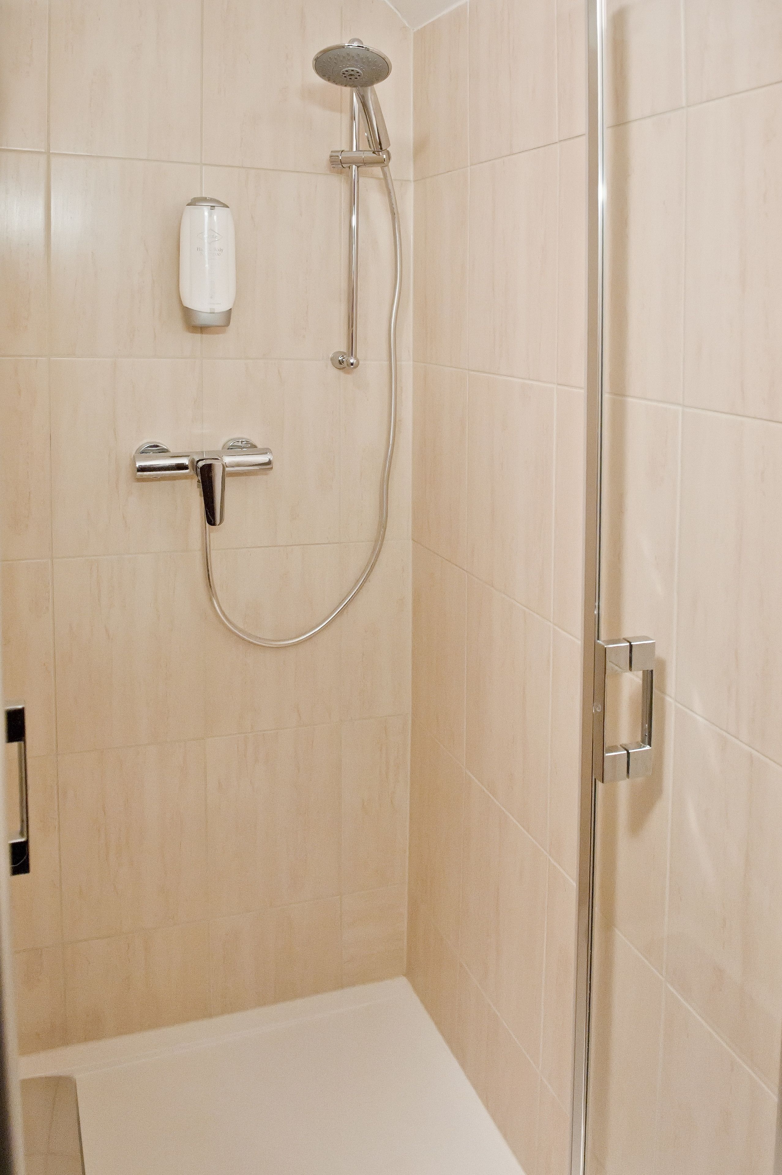 A shower with a handheld showerhead and a wall-mounted faucet.