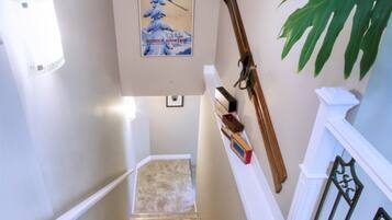 A staircase with a poster of a skier, a plant, and some books on the wall.