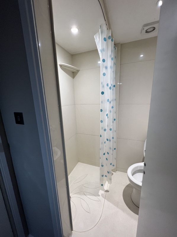 Baño con ducha, inodoro y mampara de vidrio.