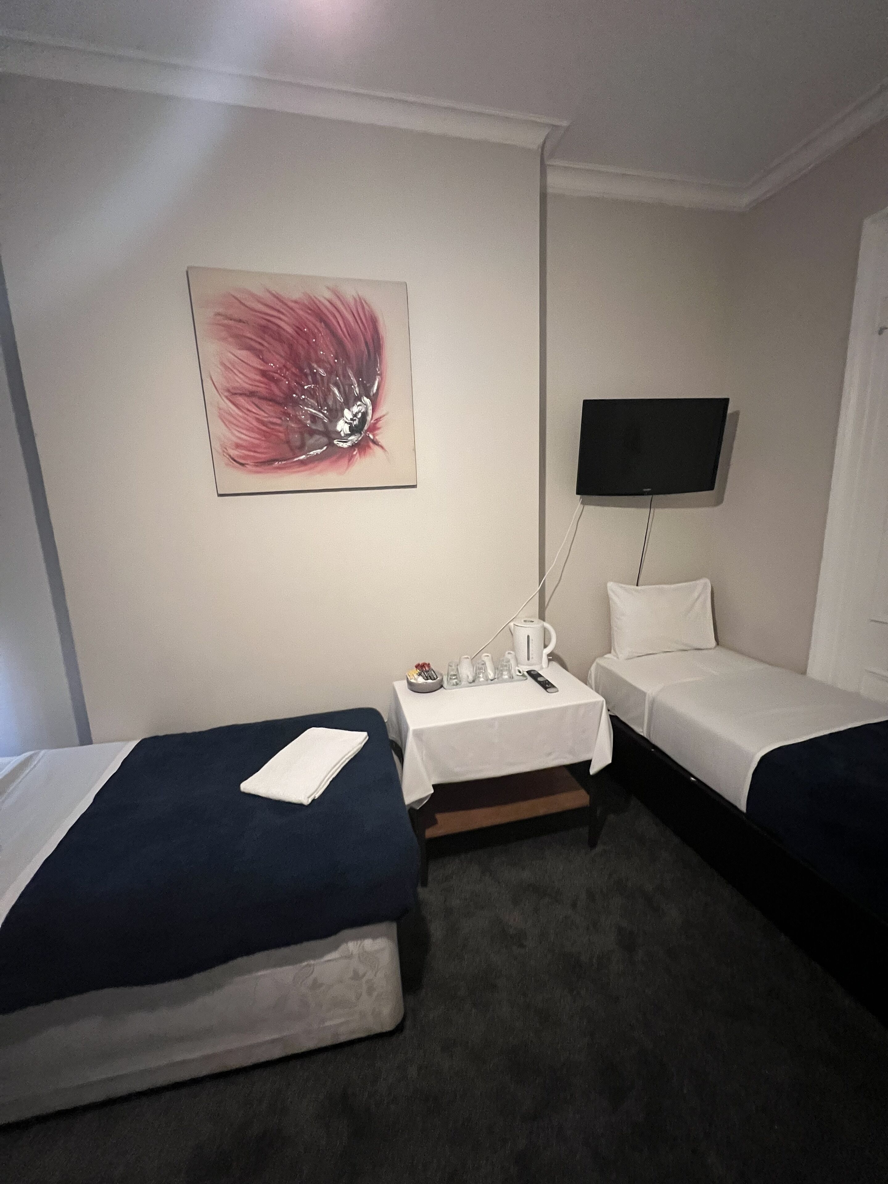A hotel room with two single beds, a flat-screen TV mounted on the wall, a small table with a kettle and glasses, and a painting on the wall.