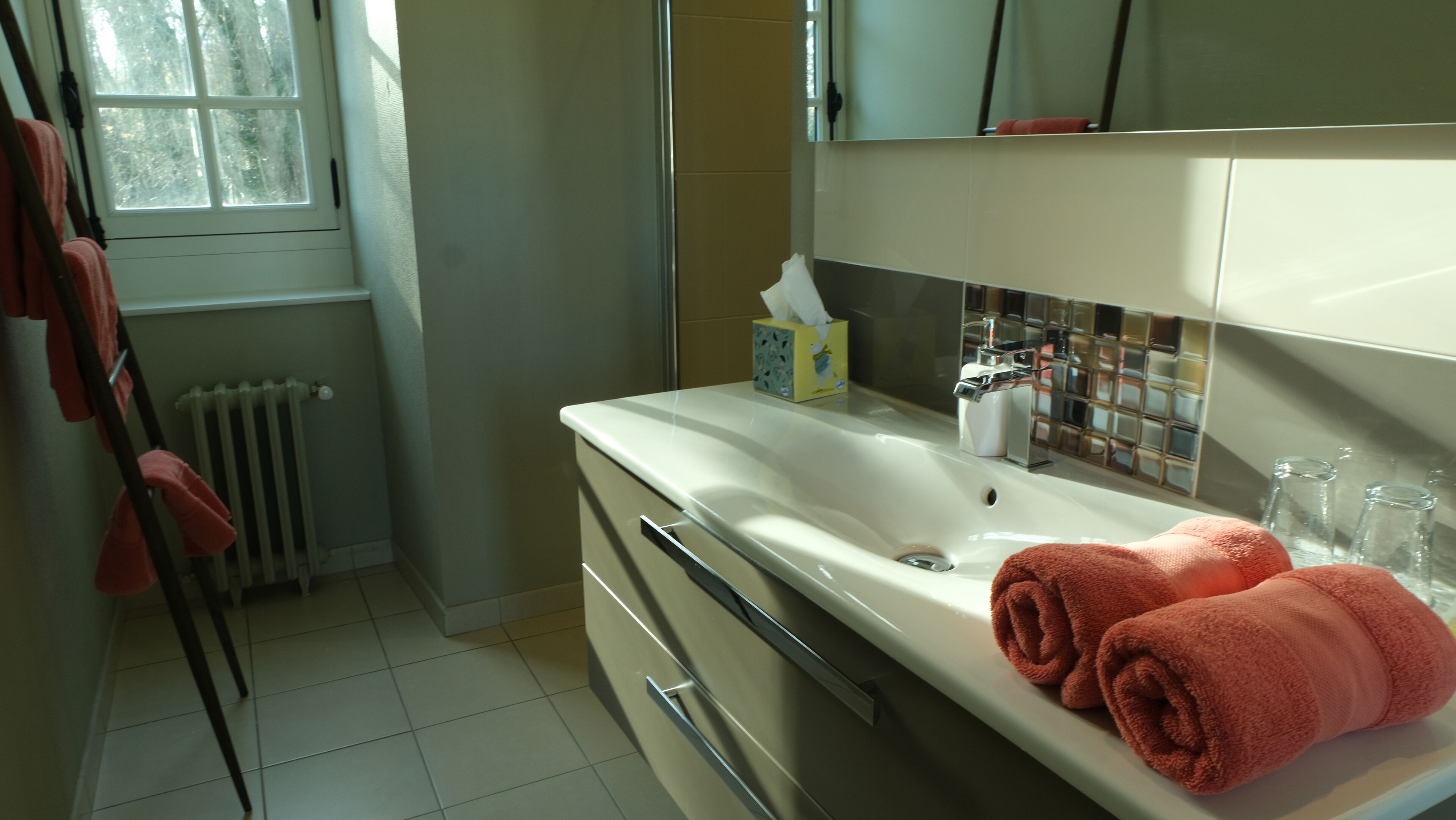 A bathroom with a white sink, a mirror, a towel rack, a tissue box, and a radiator.