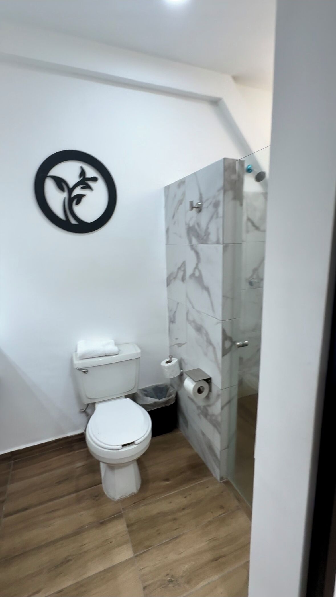 A small bathroom with a toilet, a marble shower wall, and a wall-mounted toilet paper holder.
