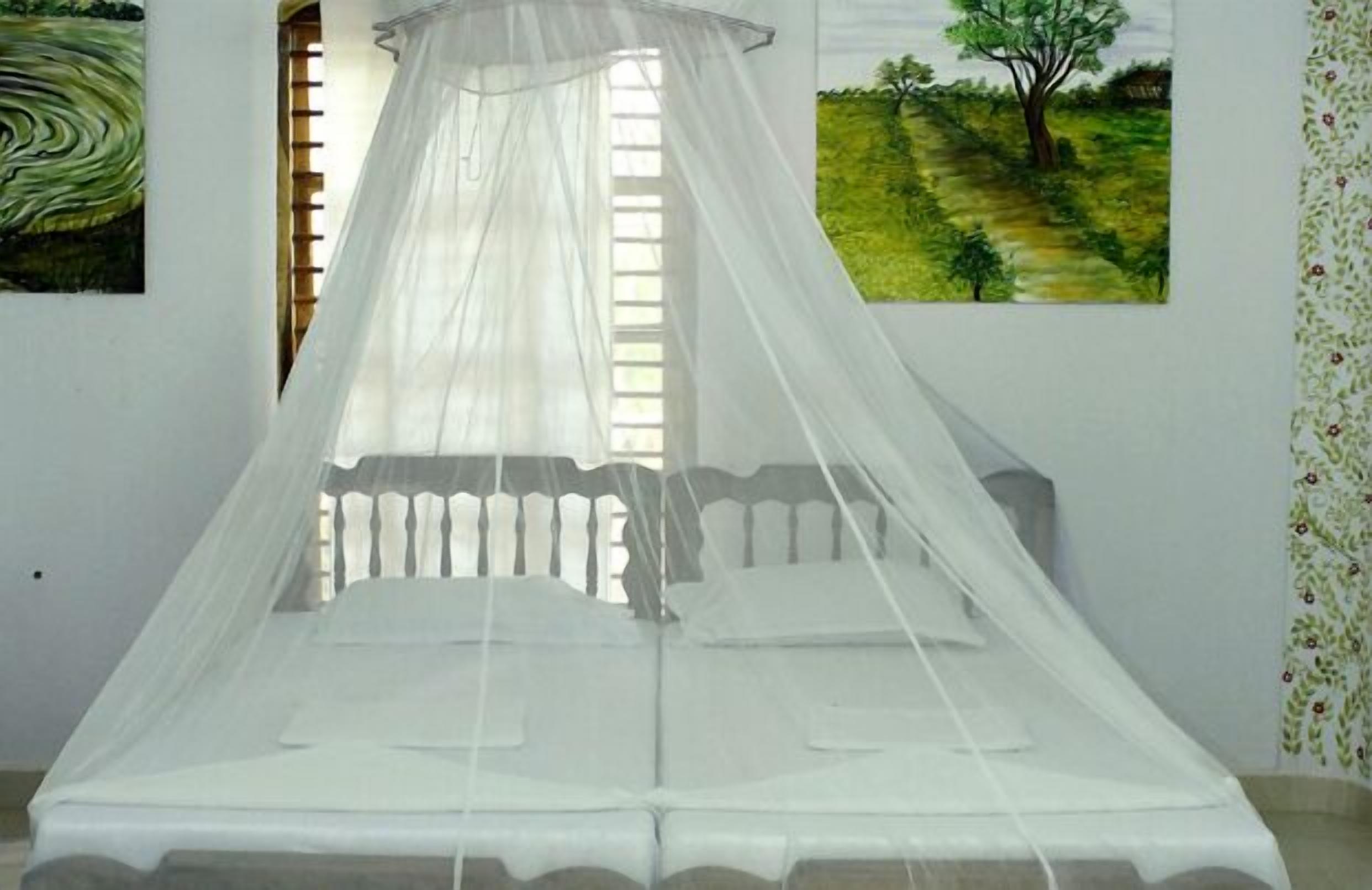 A bed with a white canopy, a window with blinds, and two paintings on the wall.