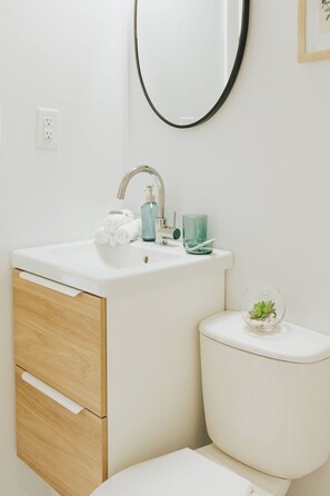 A bathroom with a white sink, a mirror, a toilet, and a small plant. - Naramata Courtyard Suites (Naramata)