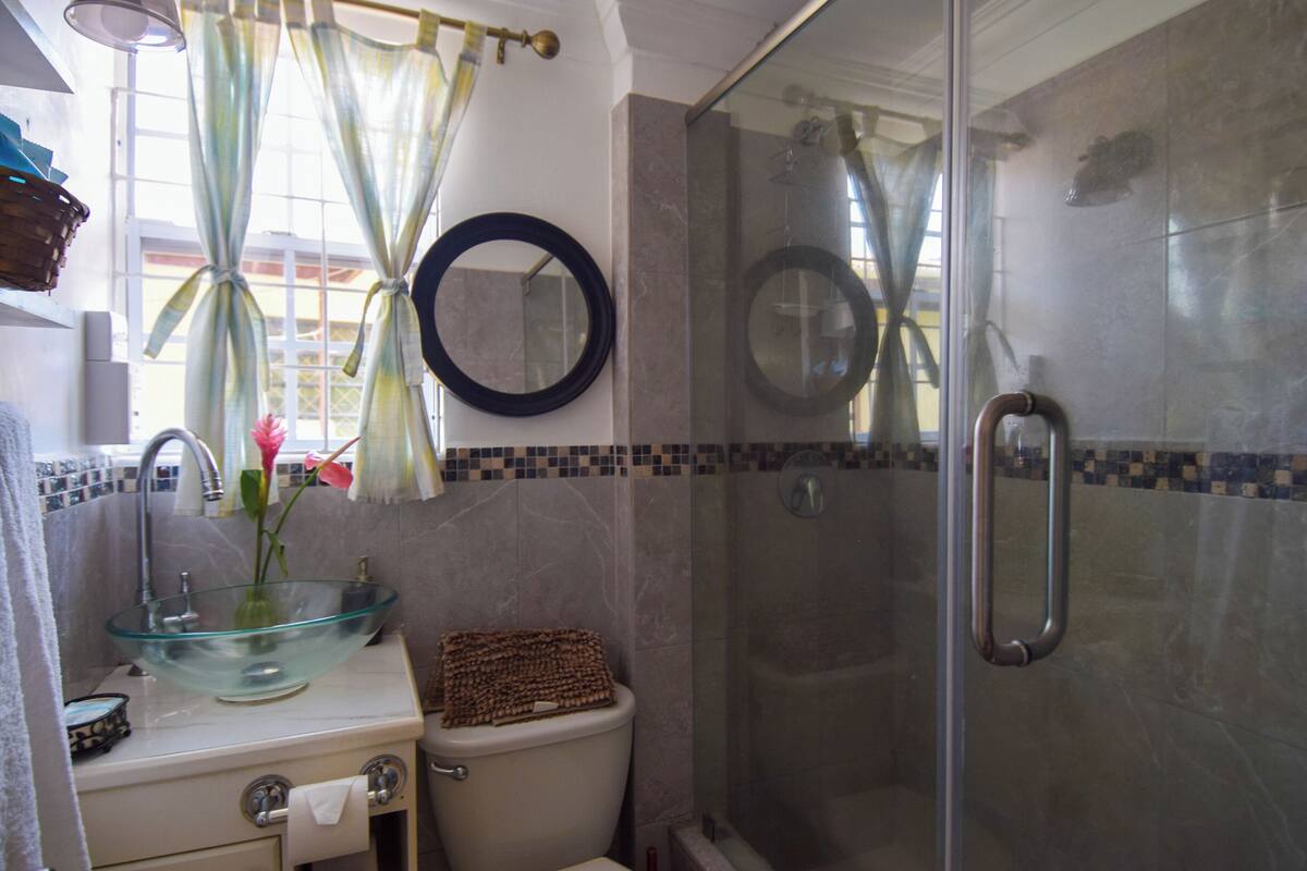 A bathroom with a glass bowl sink, a toilet, a shower with a glass door, and a mirror on the wall.
