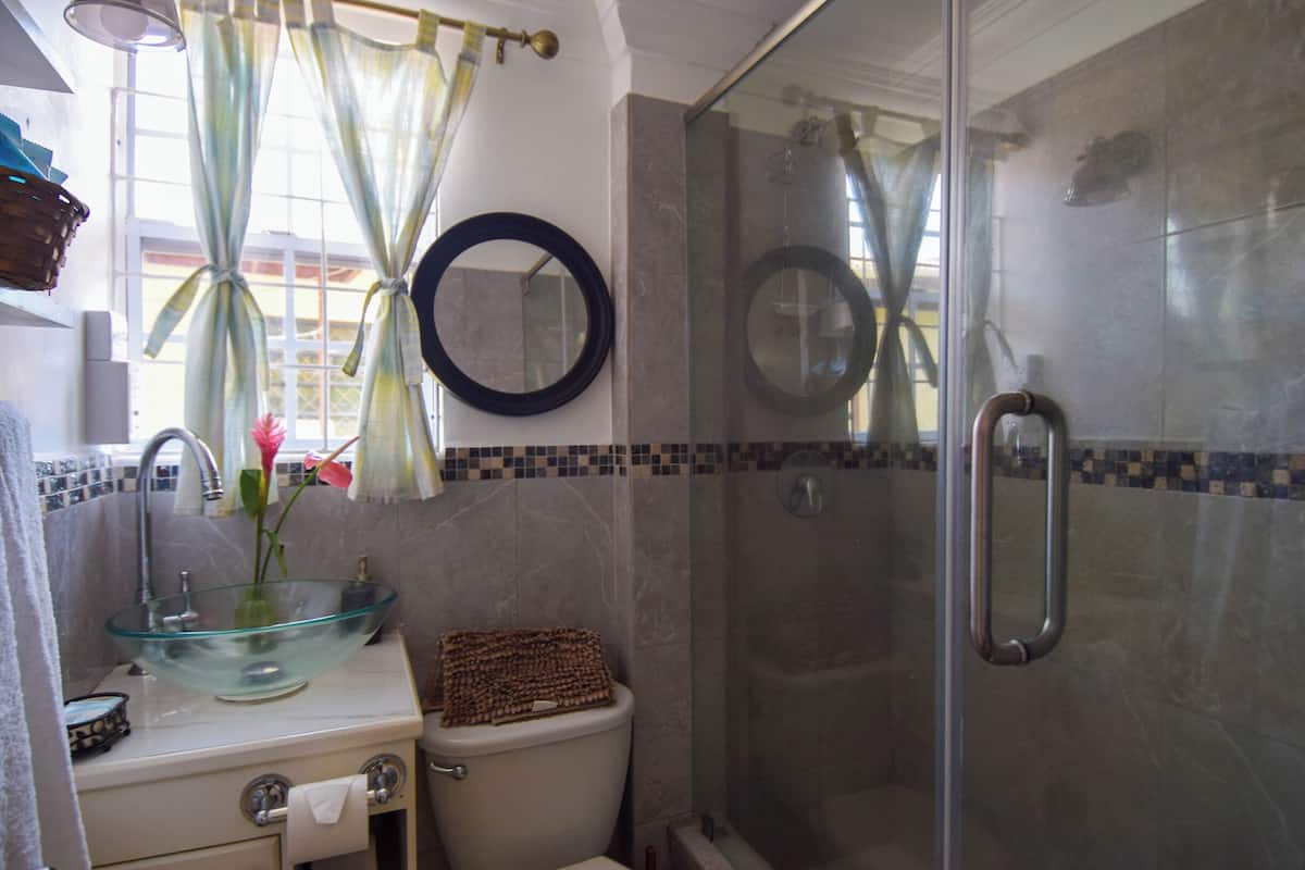 A bathroom with a glass bowl sink, a toilet, a shower with a glass door, and a mirror on the wall.