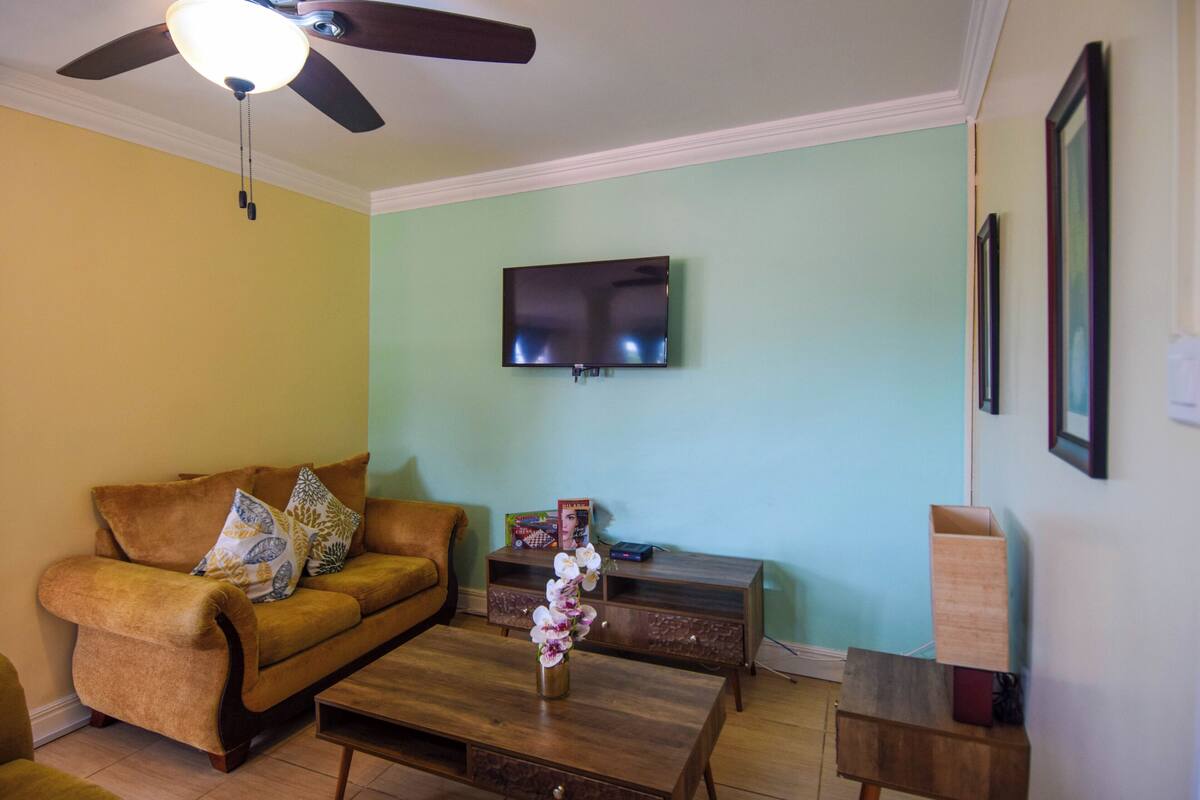 A living room with a sofa, coffee table, TV, and a ceiling fan.