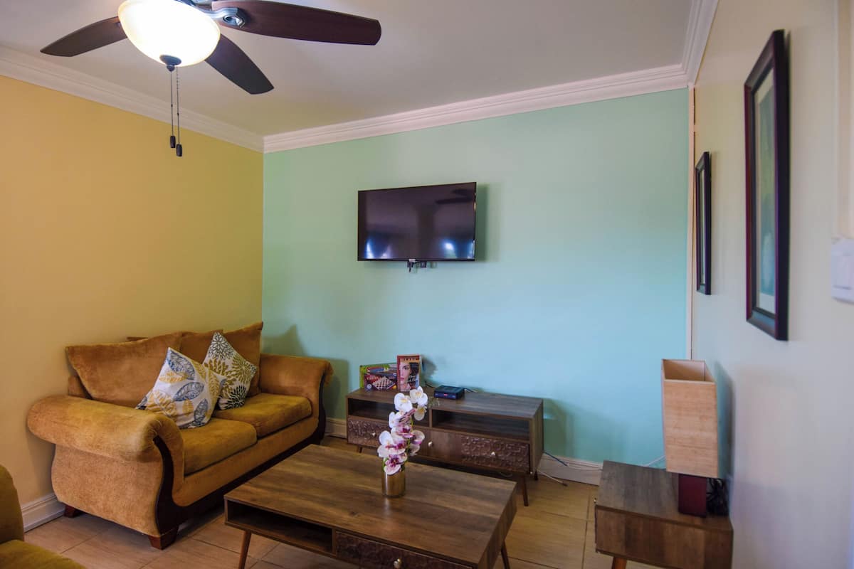 A living room with a sofa, coffee table, TV, and a ceiling fan.