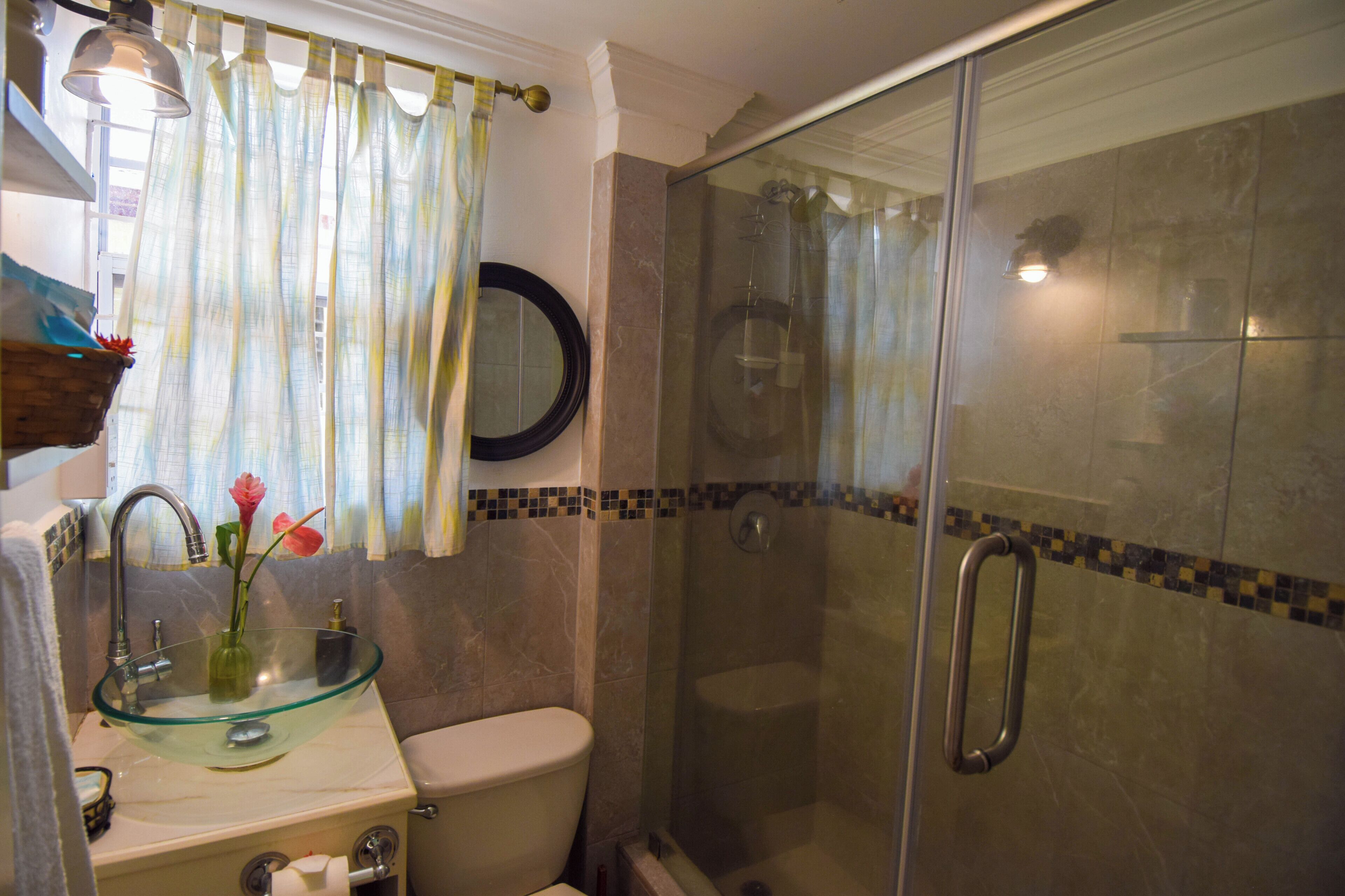 A bathroom with a glass bowl sink, a toilet, a shower with a glass door, and a mirror on the wall.
