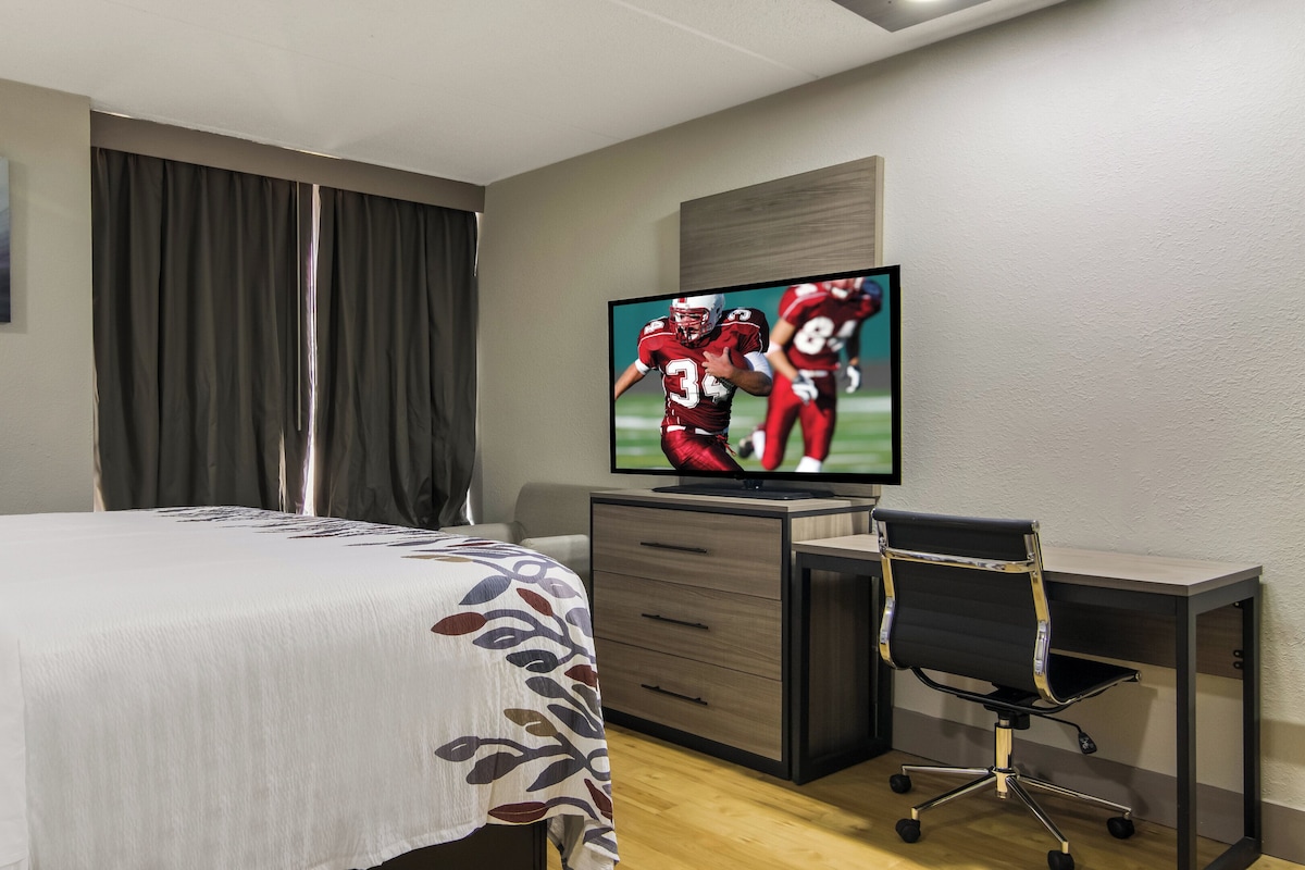 A hotel room with a bed, a desk, a chair, a television displaying a football game, and a painting on the wall.