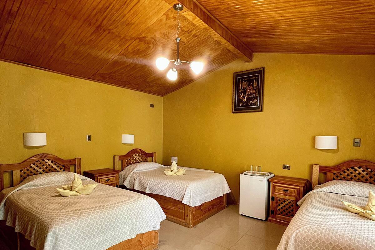 Une chambre d’hôtel avec deux lits en bois, un ventilateur de plafond et un petit réfrigérateur.