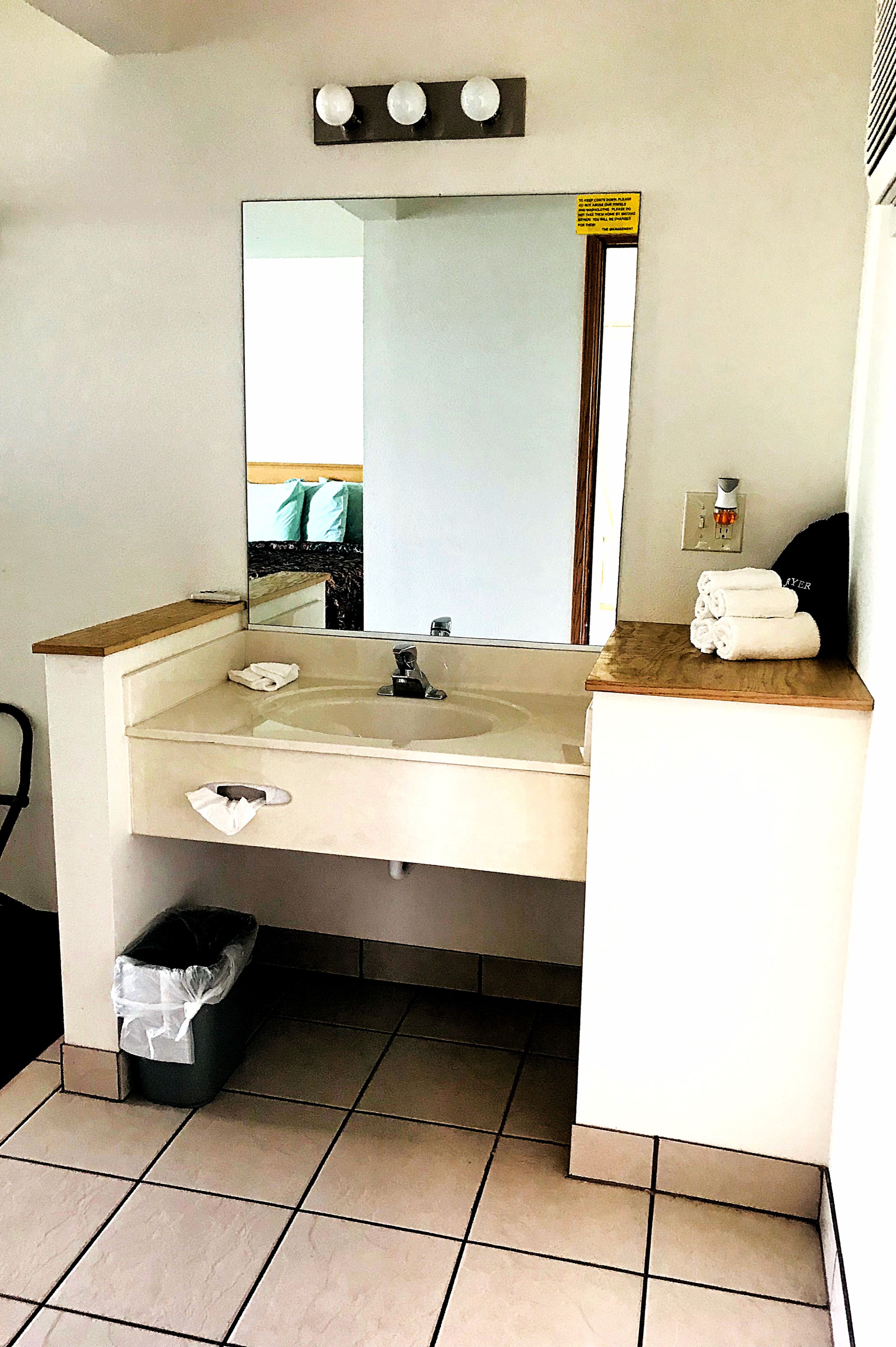 A bathroom with a sink, mirror, and a trash bin.