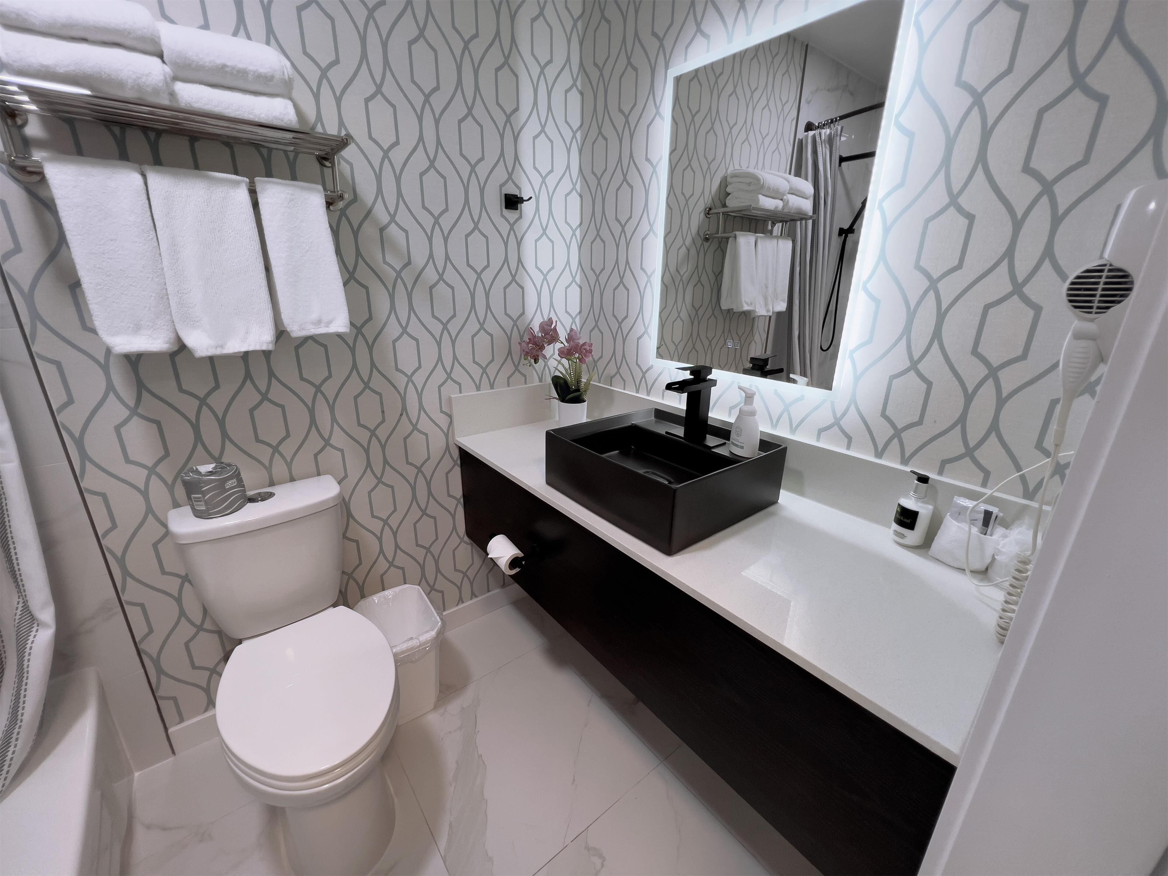 Shower, rainfall showerhead, eco-friendly toiletries, hair dryer
