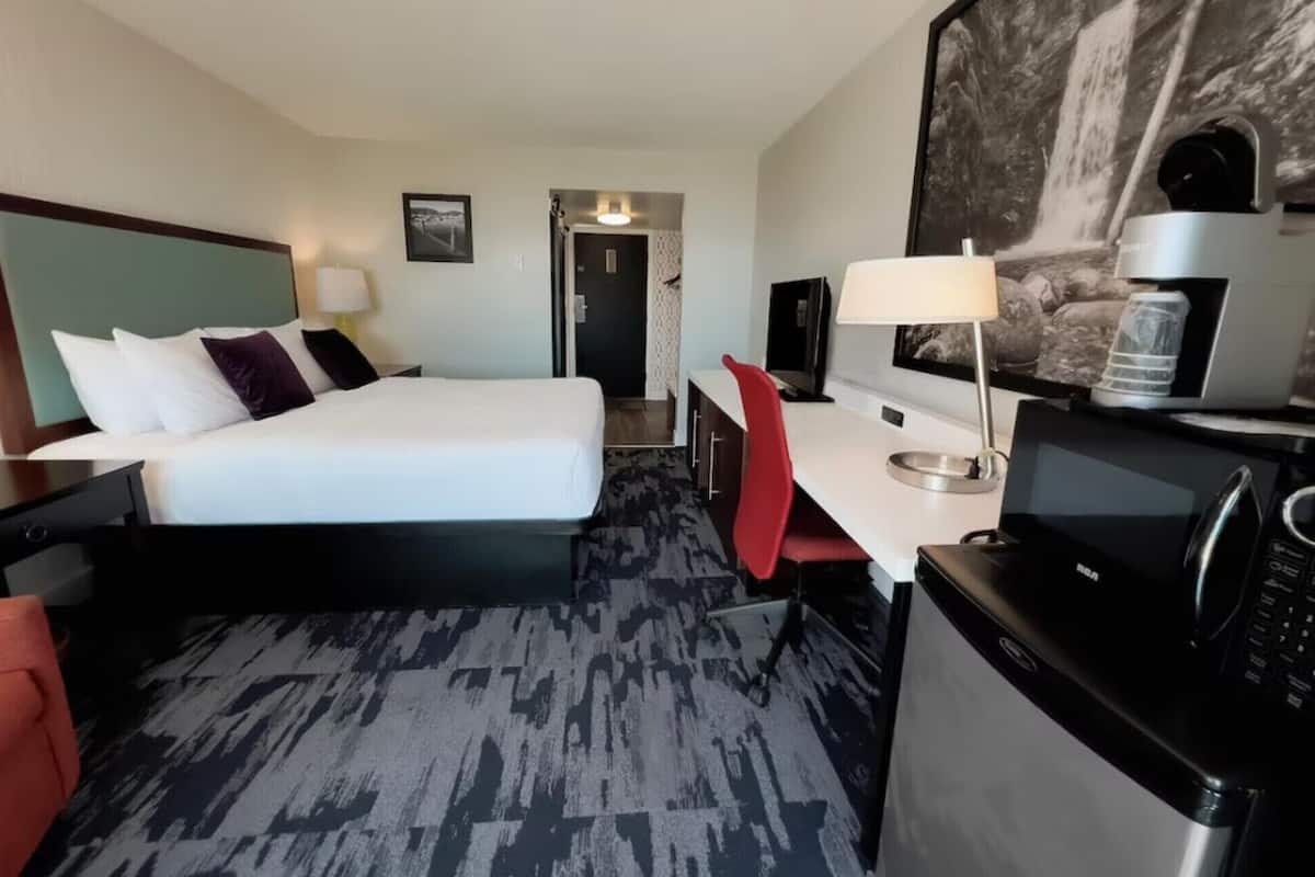 A hotel room with a bed, desk, chair, and a microwave.