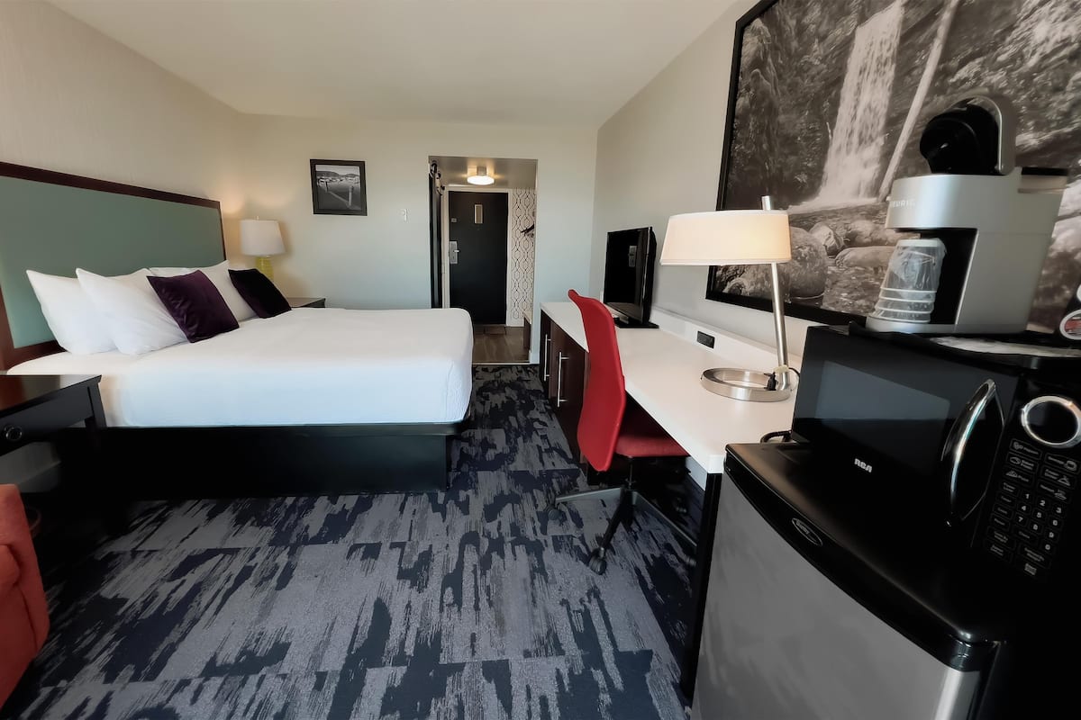 A hotel room with a bed, desk, chair, TV, microwave, and a water dispenser.