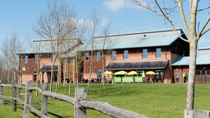 Een gebouw met een bakstenen gevel, zonnepanelen en terras met parasols.