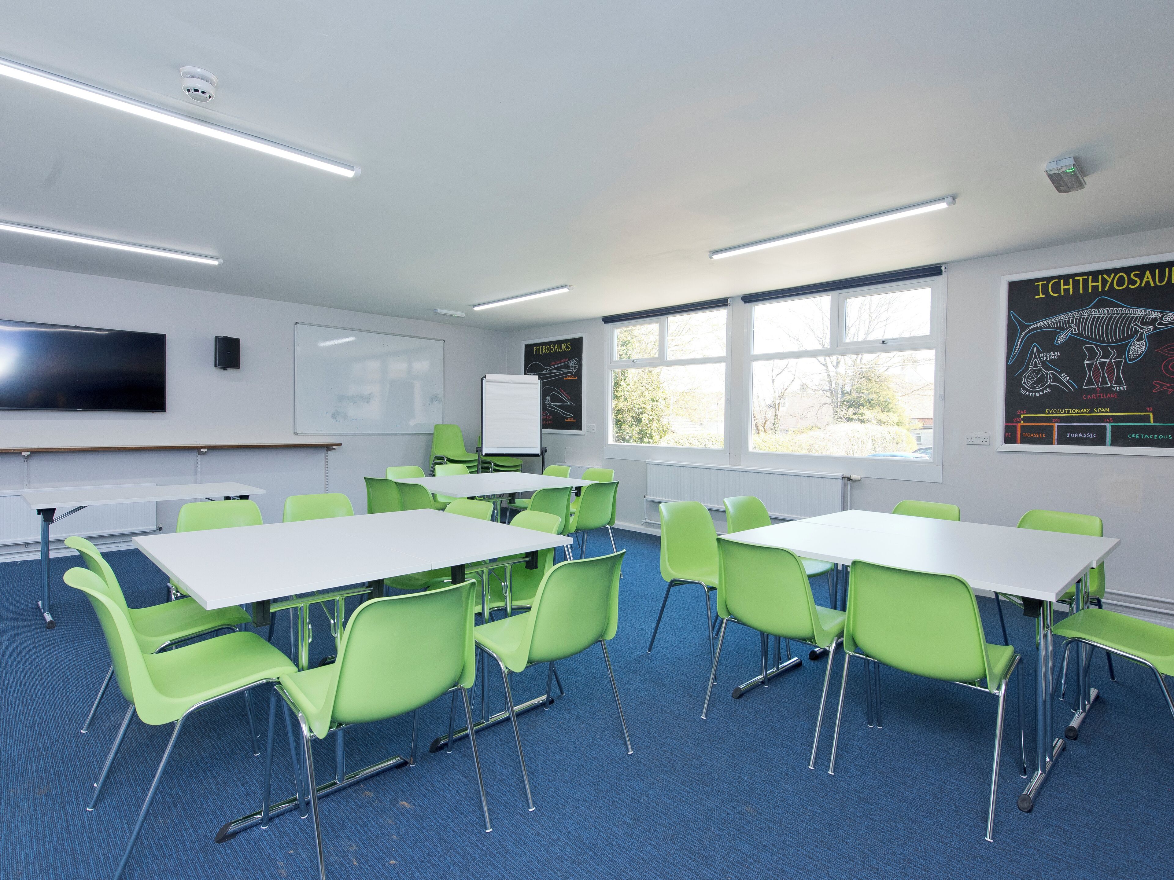 A classroom with green chairs, white tables, a whiteboard, a projector screen, and educational posters on the walls.