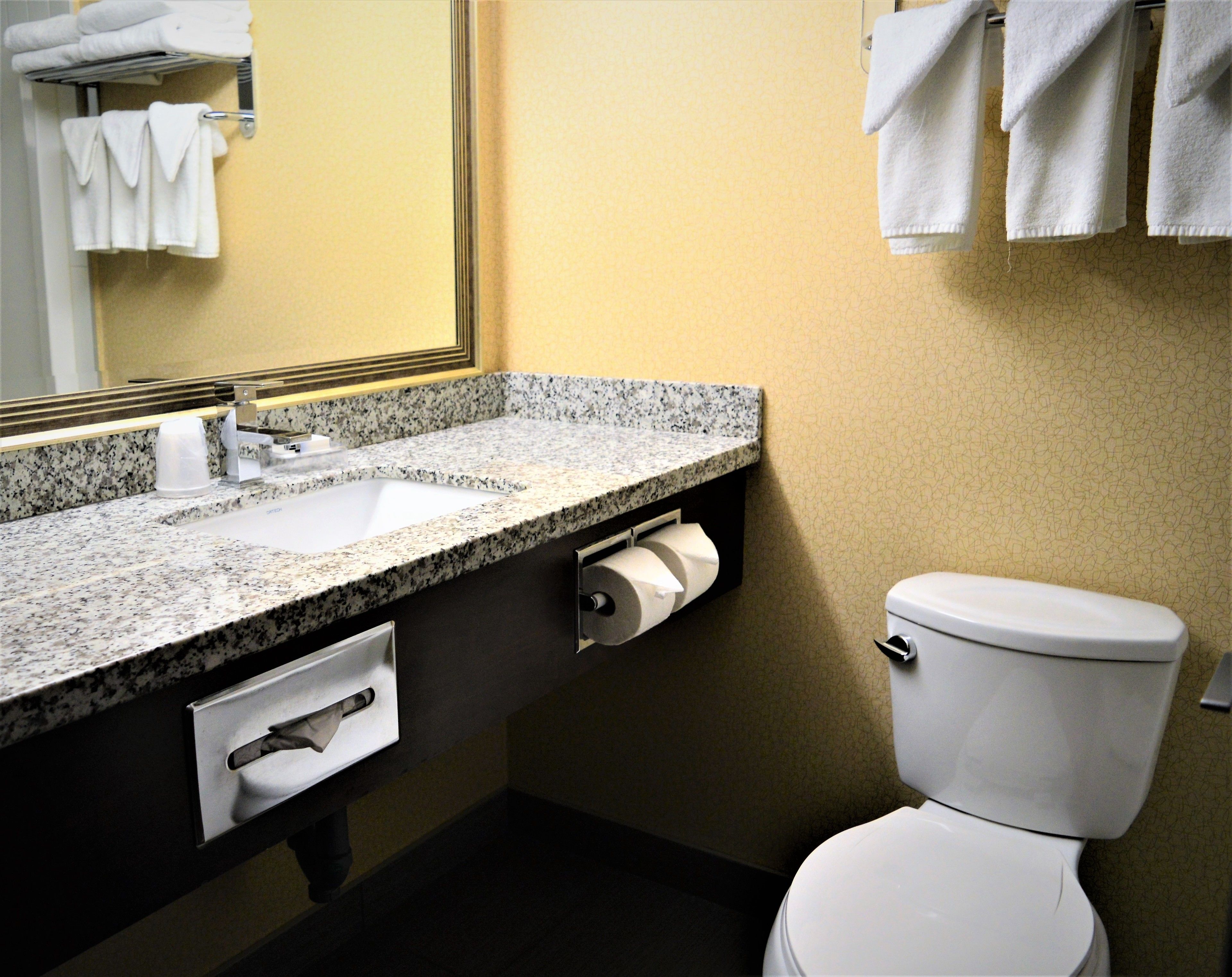 Un bagno con lavabo in granito, un water e un porta asciugamani con asciugamani piegati.