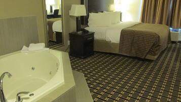 Premium bedding, desk, laptop workspace, soundproofing