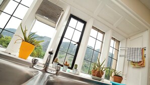Une cuisine équipée d’un évier, d’une fenêtre donnant sur un paysage montagneux et de plusieurs plantes en pot.
