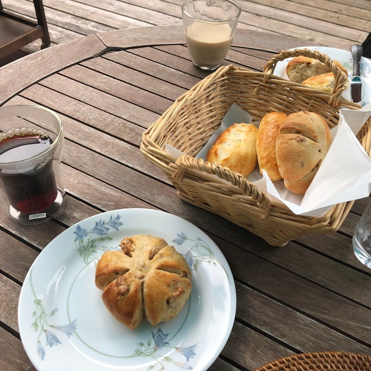 A wooden table with a plate of food, a basket of bread, a glass of beverage, and a candle.