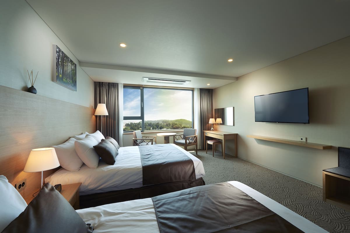 A hotel room with two beds, a desk, a chair, a TV, and a large window with a view.