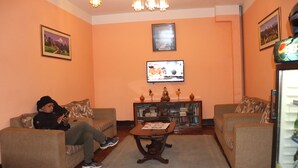 A living room with two sofas, a coffee table, a television, and a bookshelf. - Hotel Hana (Kathmandu)