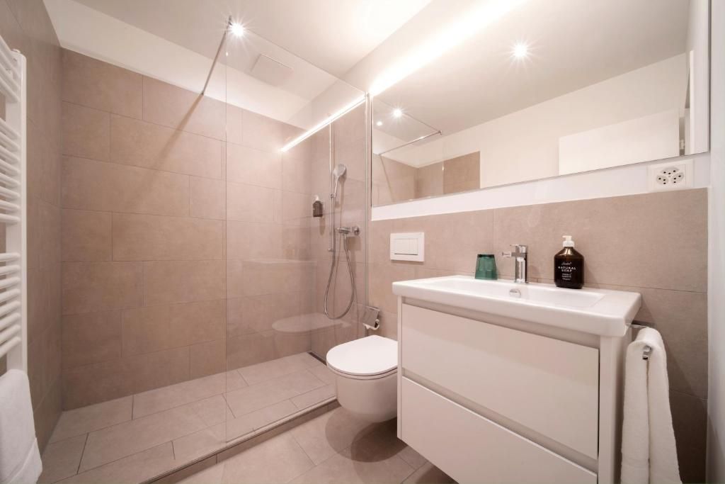 A modern bathroom with a glass-enclosed shower, a white toilet, and a vanity with a mirror.